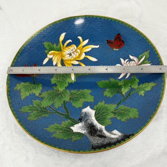 Vintage Japanese Cloisonne Jingfa Floral Enamel 9" Round Plate Turquoise Golden - Picture 14 of 15